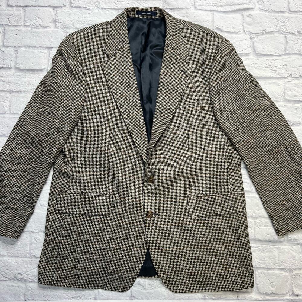 Chaps Ralph Lauren Mens Tan Navy Blue Houndstooth Blazer Size 44R Wool Silk